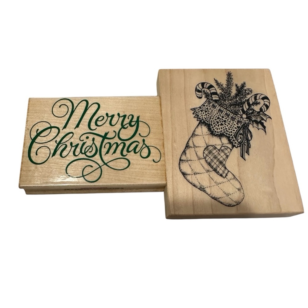 Stampin Up Set of 2 Christmas Themed Wooden Mounted Rubber Stamps Stocking